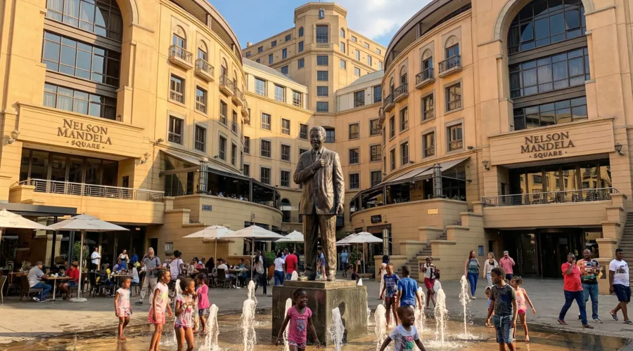 Nelson Mandela Square with statue and Michelangelo Hotel